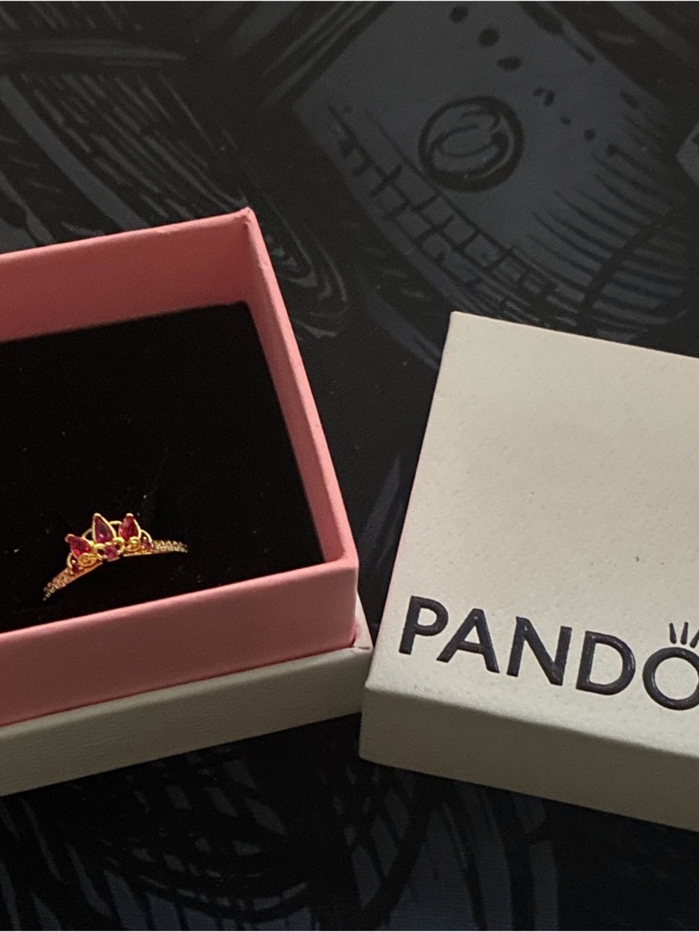 Pandora Gold Tone Ring with Pink Stones Tiara Motif
